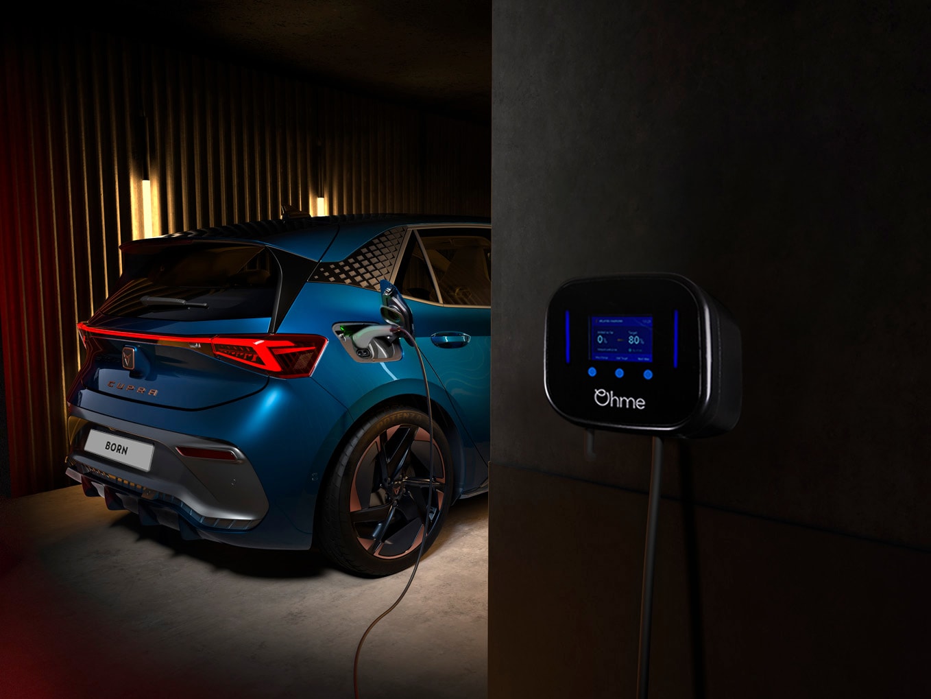 Woman posing while a CUPRA Born Aurora Blue colour charging