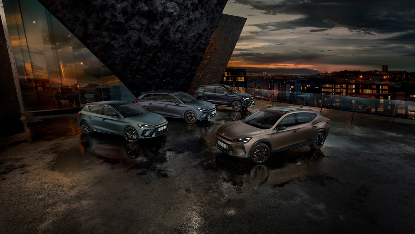 3/4 angle of the cupra black edition models in a dark, urban environment.
