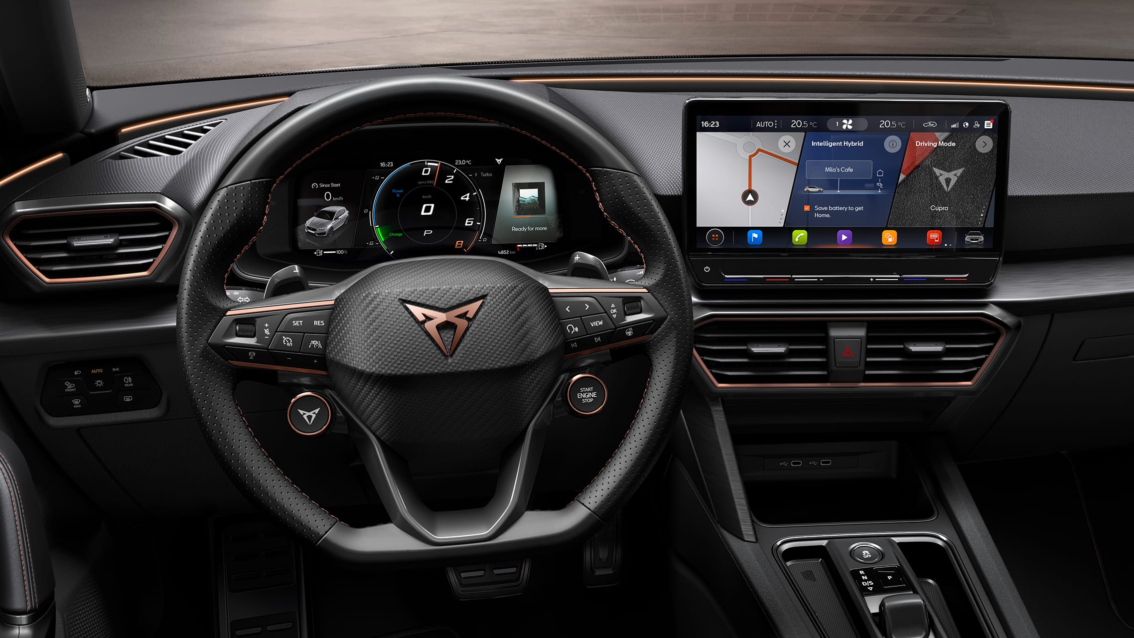 cupra leon ehybrid compact sports car interior view of dark aluminium pedals