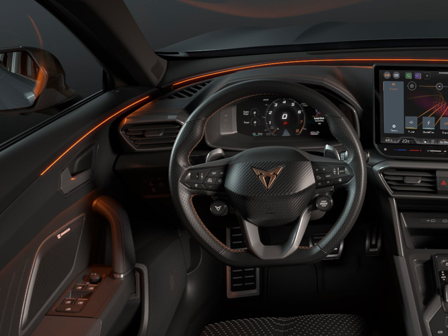 CUPRA Formentor Edge equipment upgrade technology, ambient lighting and infotainment system. Keyless advanced, anti-theft system and a rear-view camera.