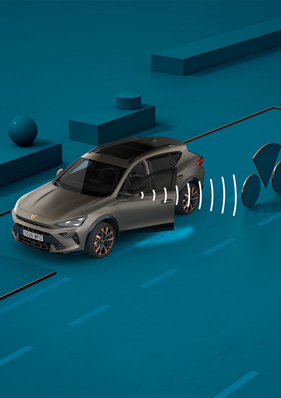 How to use new CUPRA Formentor exit warning system, visual demo with shapes and blue background.