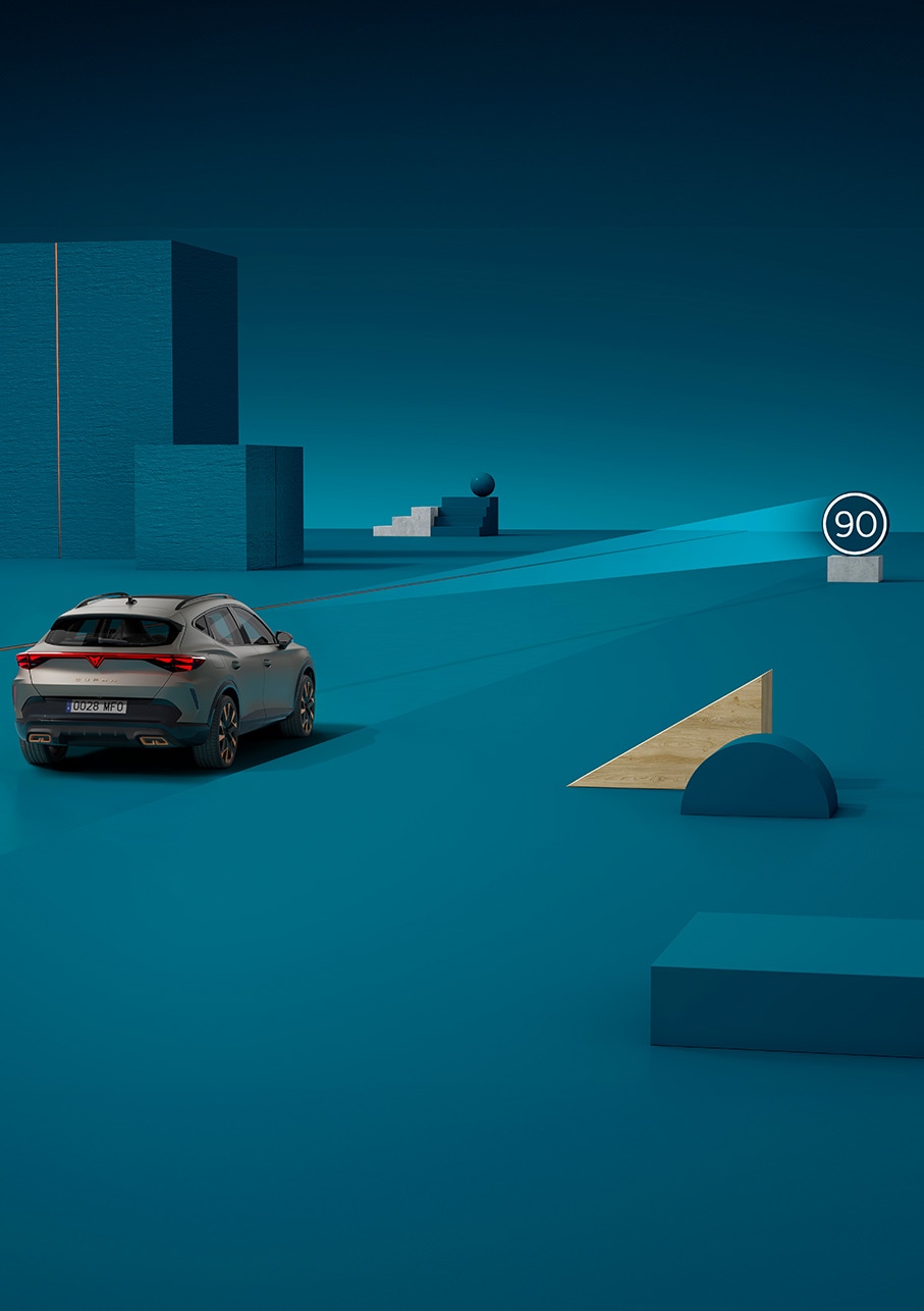 New CUPRA Formentor traffic sign recongnition demonstration, blue background.