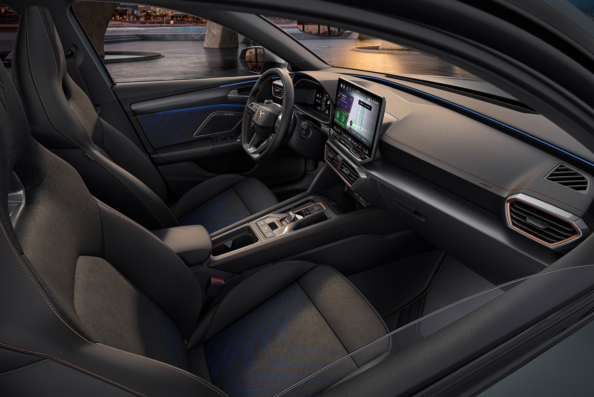 new cupra leon sportstourer 2025 dynamic interior design, bucket seats made from recycled vegan microfibre material, electric memory functions and heating settings.