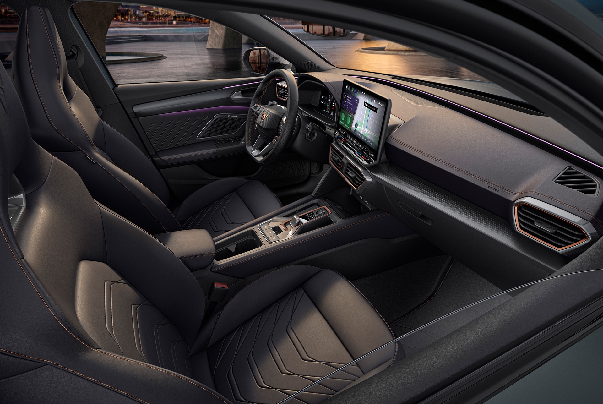 new cupra leon sportstourer 2025 progressive interior design, bucket seats metallised leather seats with heating and electric with memory settings for the driver and front-seat passenger.