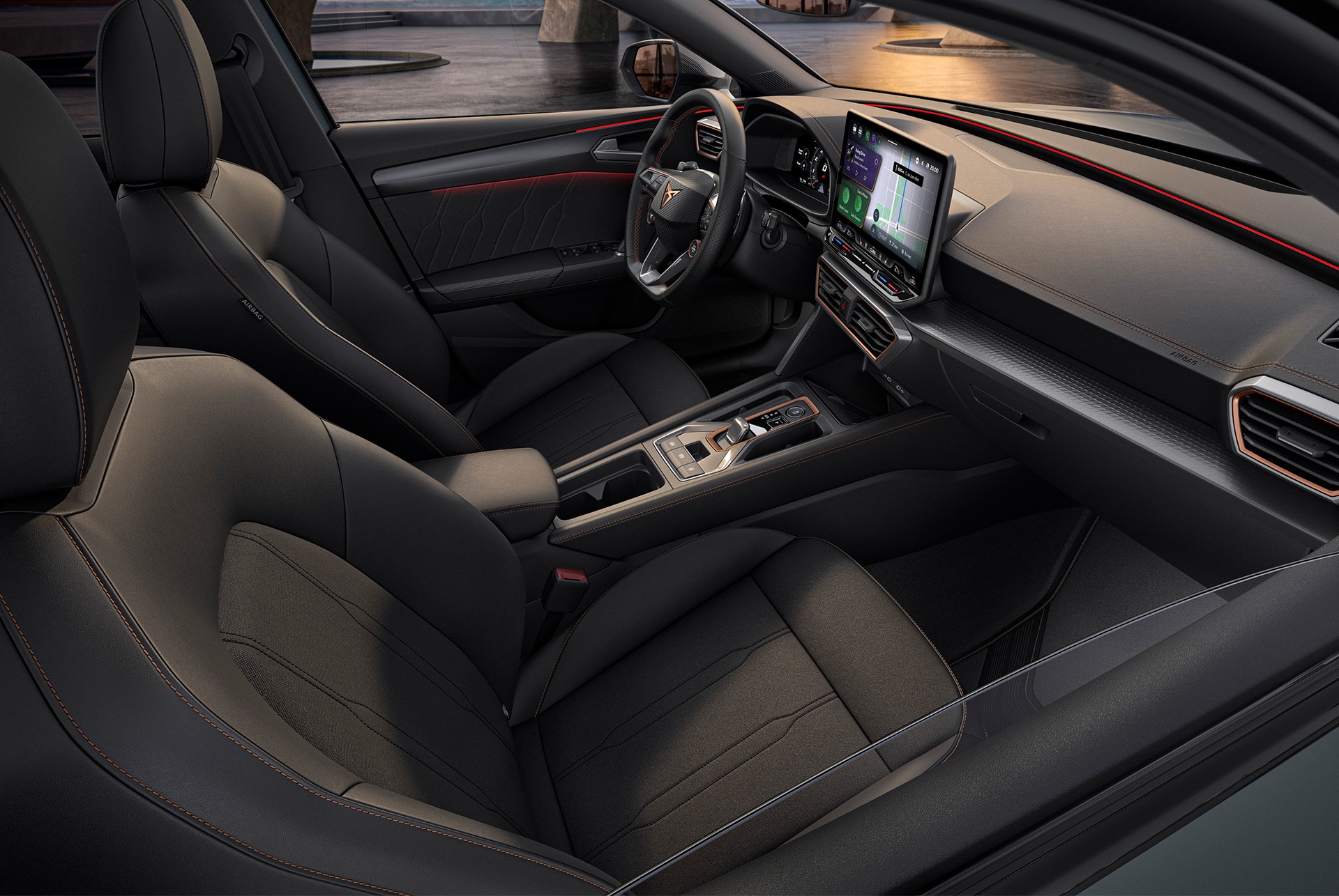 new Cupra Leon 2025 dynamic interior design, sporty bucket seats, ambient lighting, infotainment