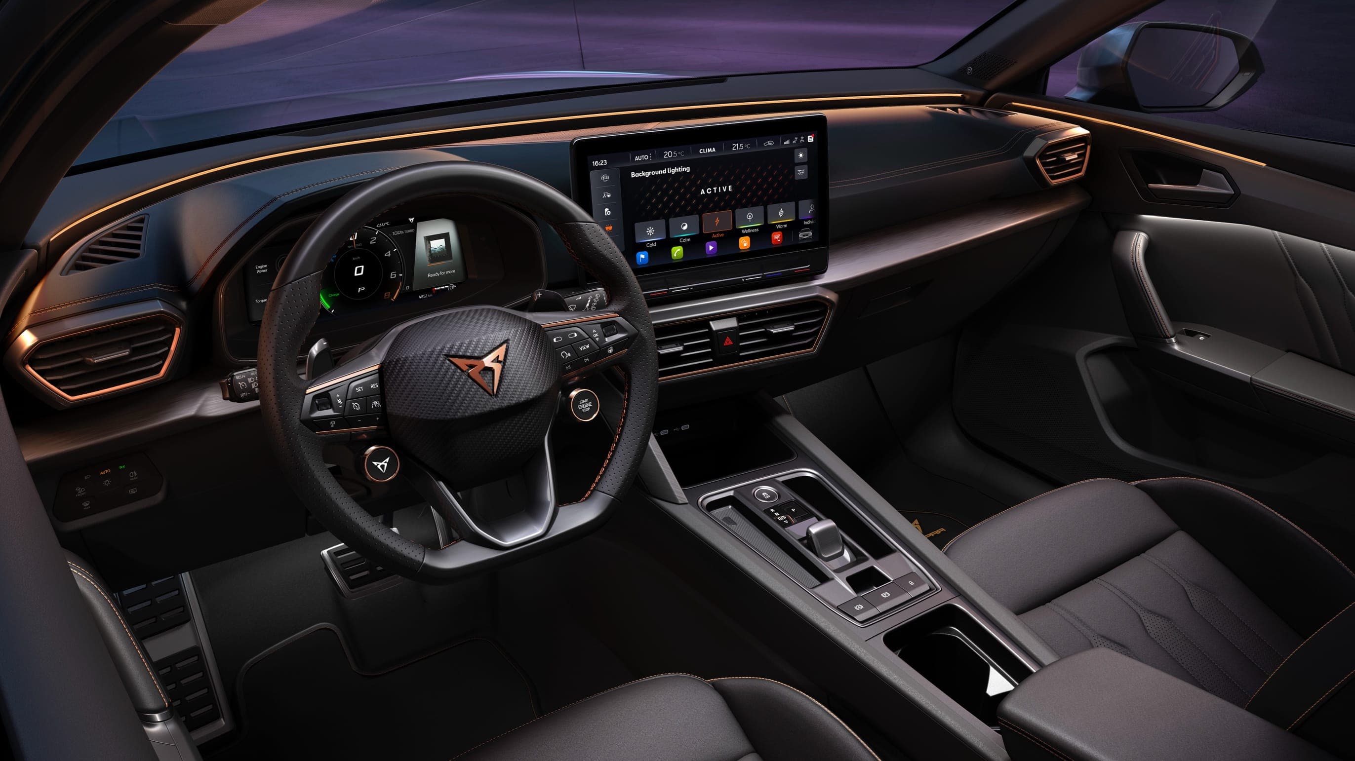 new CUPRA Leon 5 door ehybrid compact sports car interior view of dashboard with leather steering wheel and ambient light