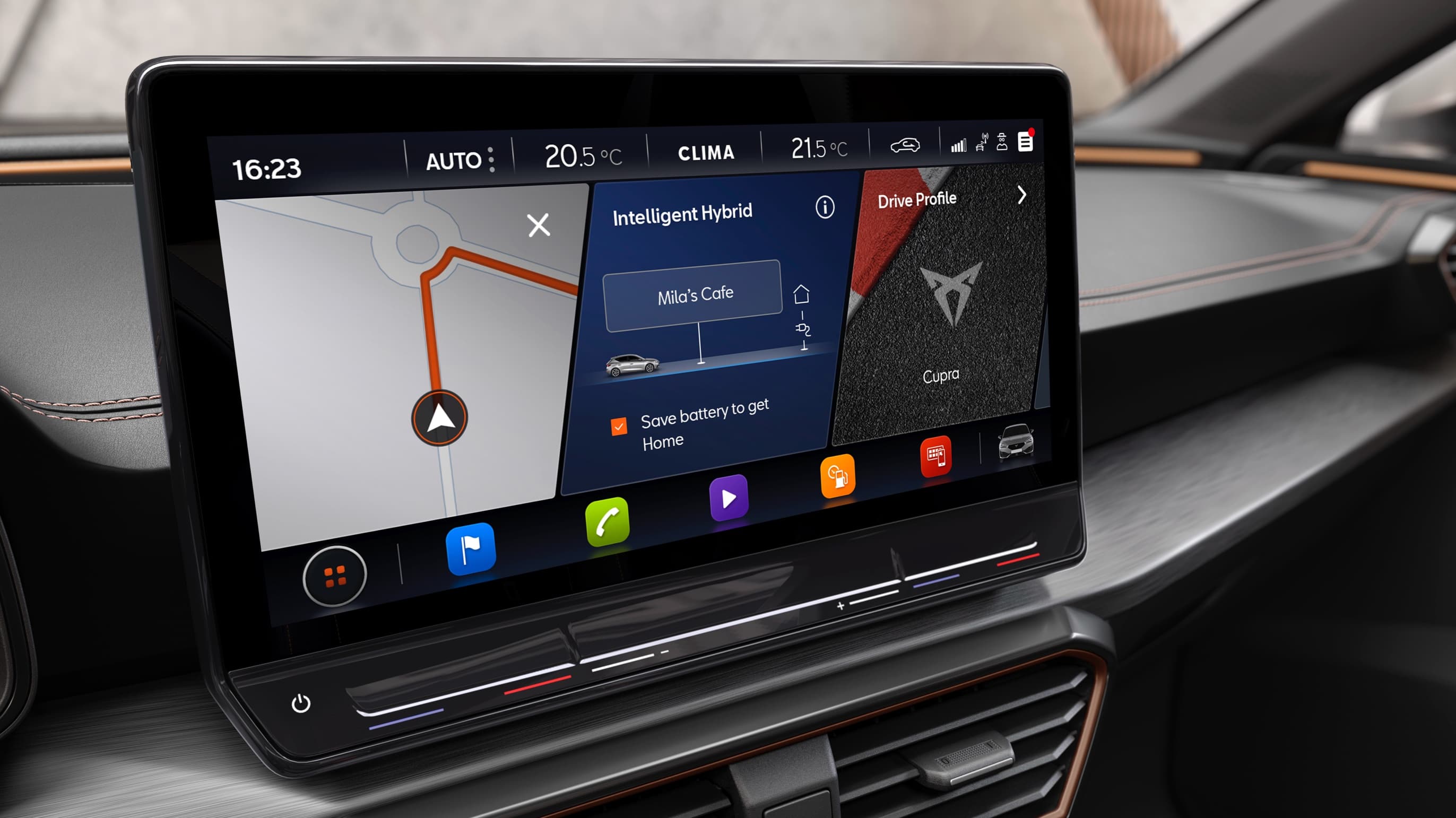 new CUPRA Leon 5 door ehybrid compact sports car closeup view of 12” navi system screen