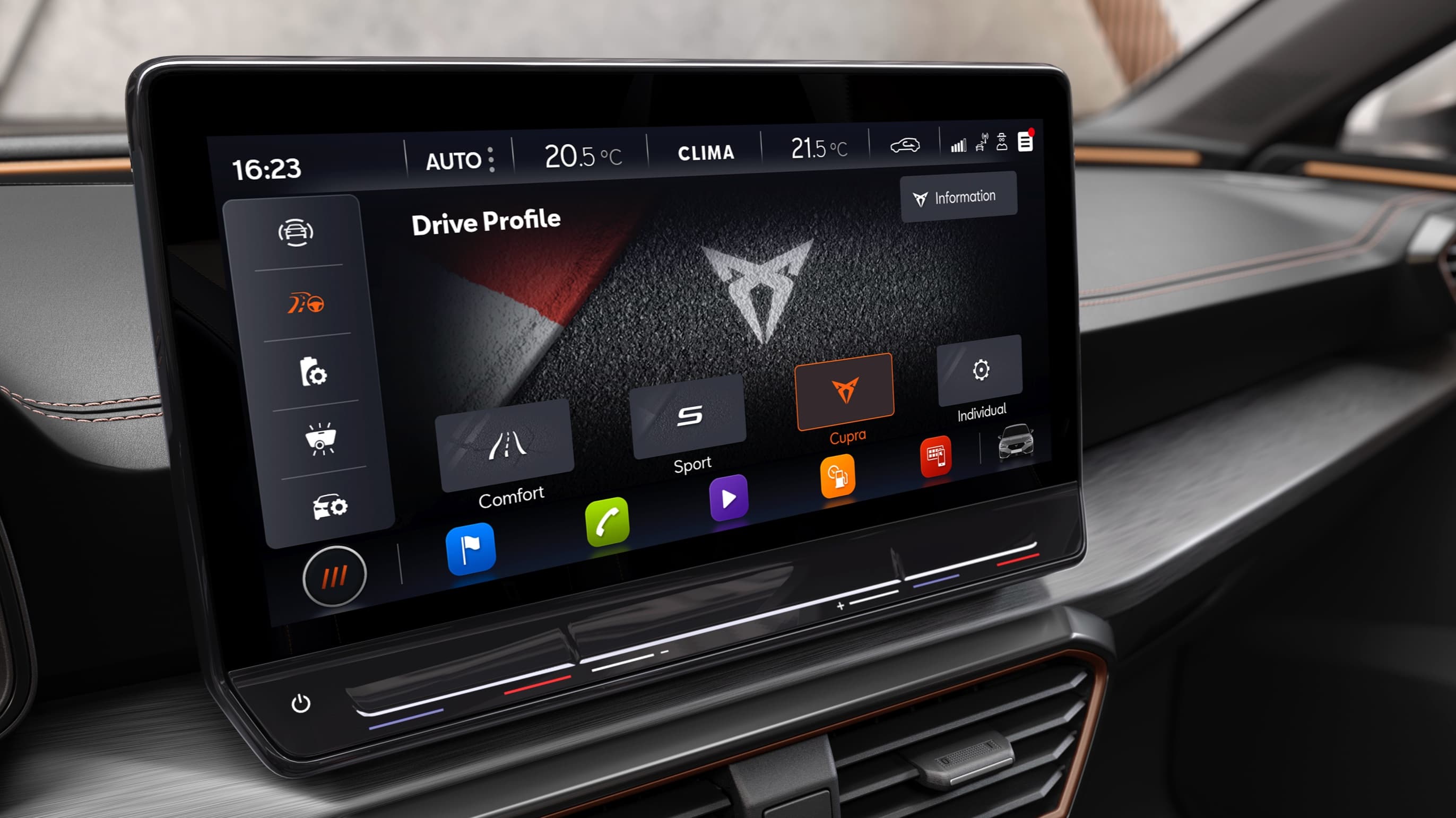 new CUPRA Leon 5 door ehybrid compact sports car with driving mode button on leather steering wheel