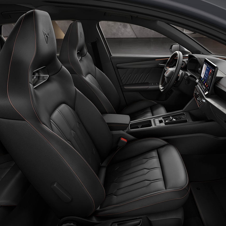 new CUPRA Leon 5 door ehybrid compact sports car bucket seats in genuine black leather