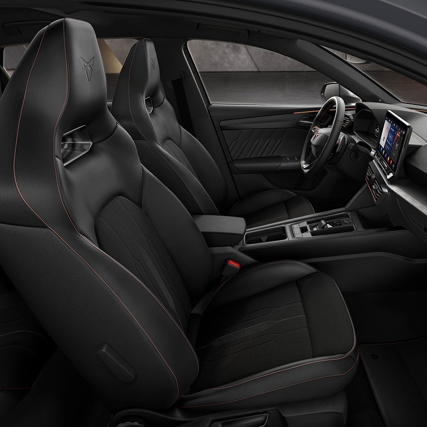 new CUPRA Leon 5 door ehybrid compact sports car bucket seats with sharp textile fabric and pvc upholstery door panels