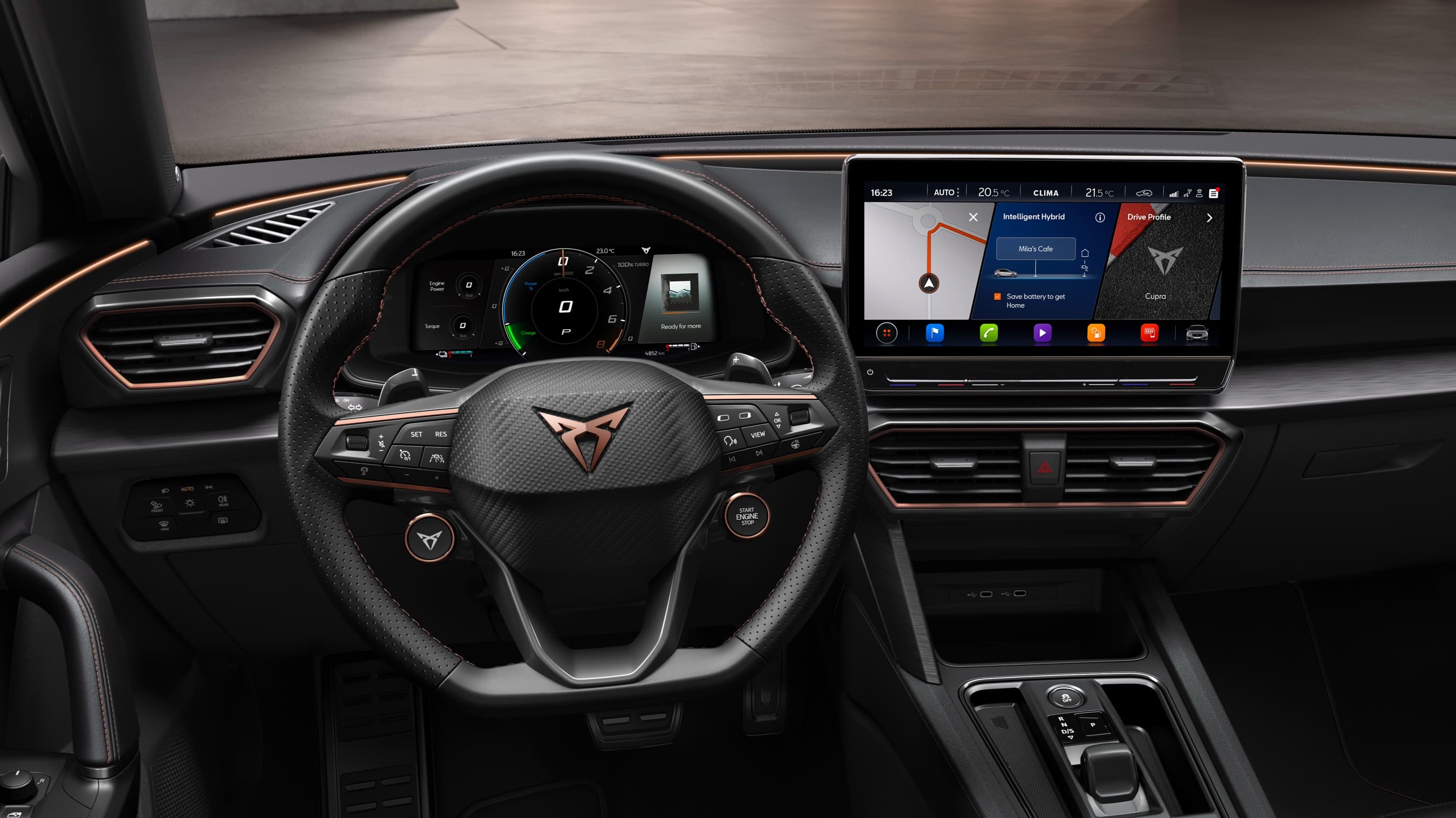 new CUPRA Leon ehybrid compact sports car interior view of digital cockpit with 10.25” touchscreen