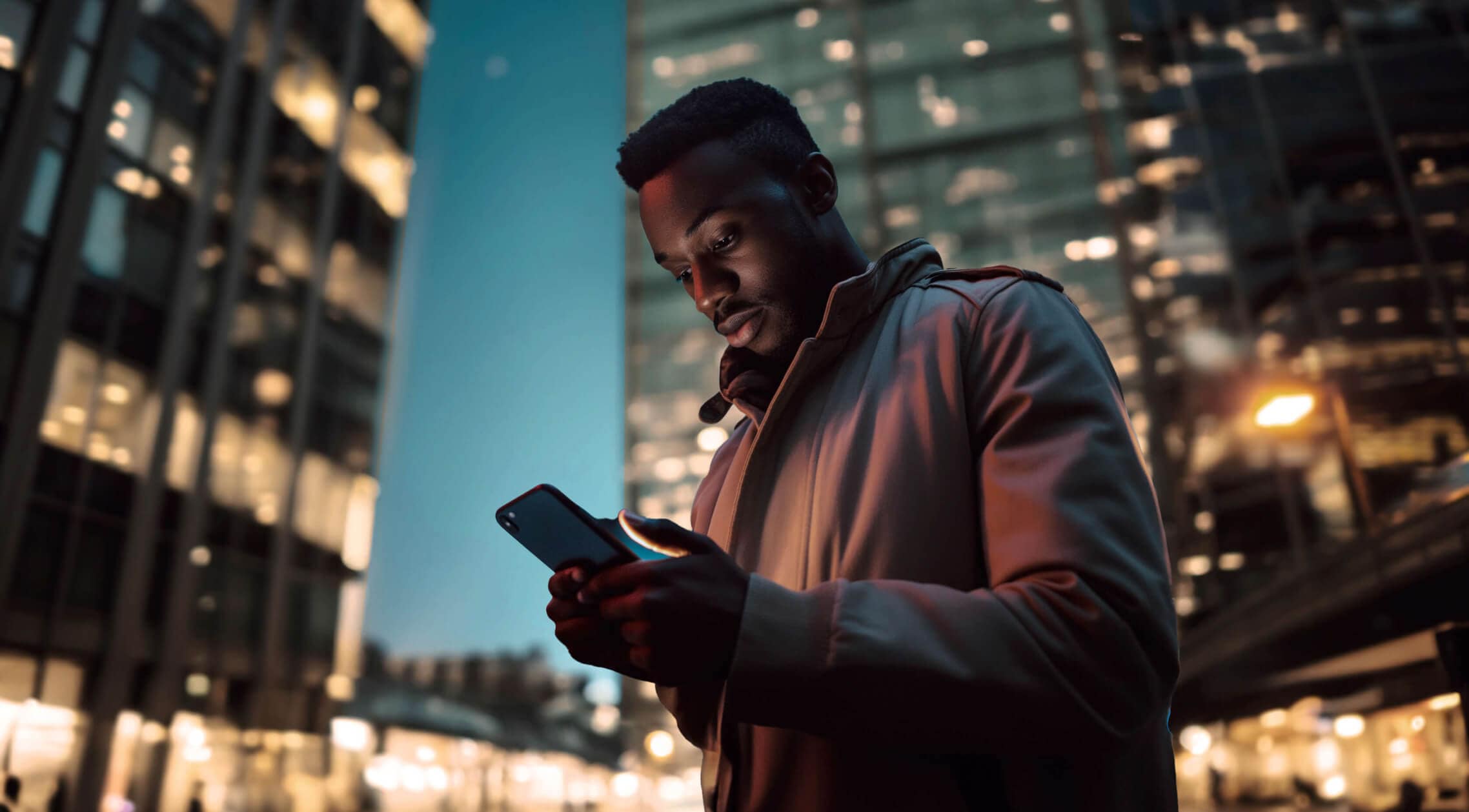 Man in the city logging the My CUPRA App from his mobile phone Man in the city logging the My CUPRA App from his mobile phone