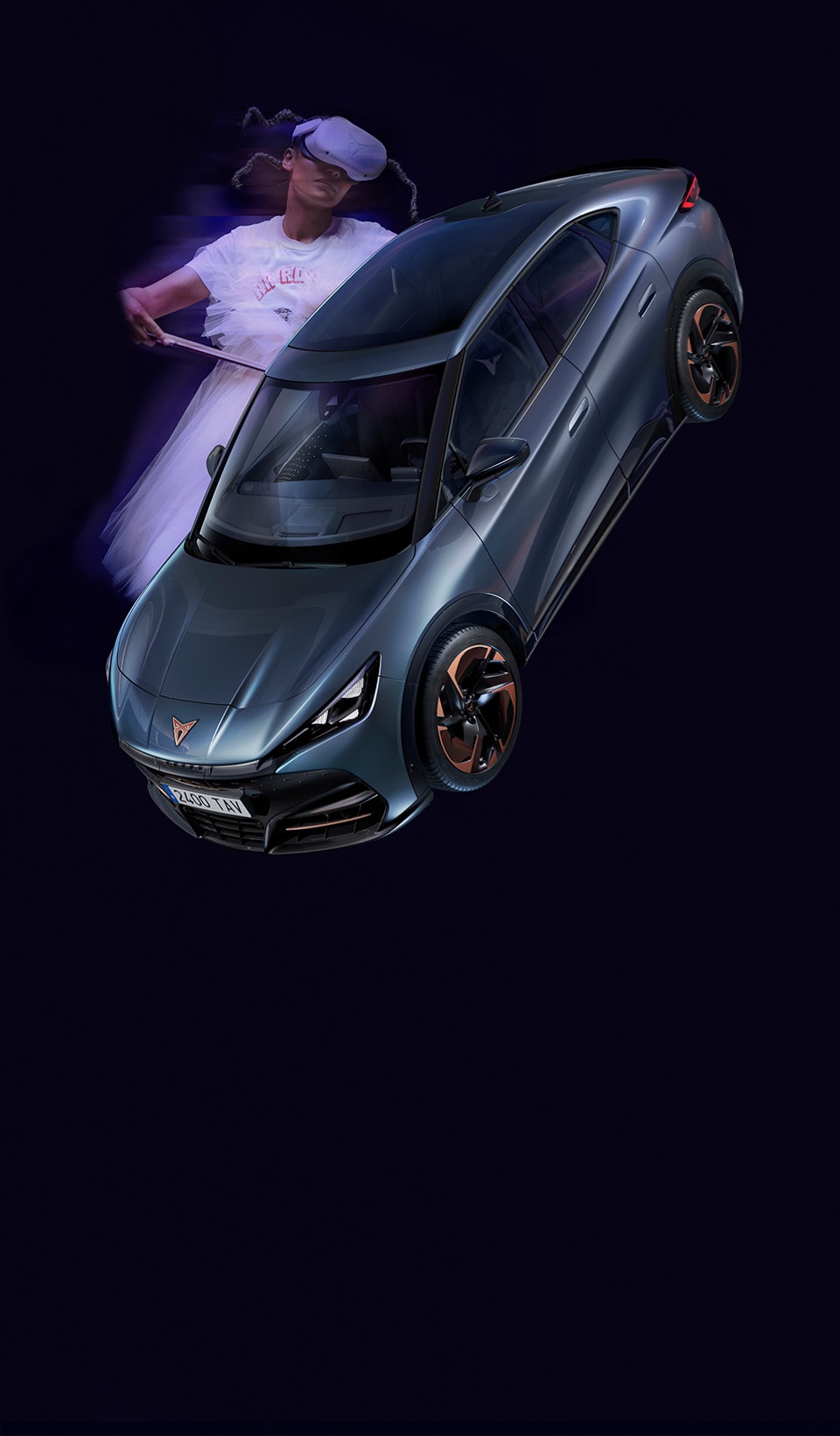 A dynamic scene featuring a CUPRA car in a sleek dark metallic color, positioned beside a blurred figure of a woman in a white dress using a VR headset and holding a conductor’s baton.  A dynamic scene featuring a CUPRA car in a sleek dark metallic color, positioned beside a blurred figure of a woman in a white dress using a VR headset and holding a conductor’s baton.